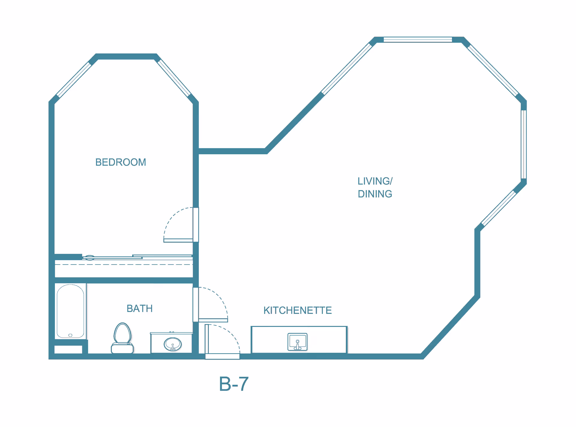 Floor plan of a living space labeled B-7 showing a bedroom, bath with bathtub, toilet and sink, kitchenette with a sink, and a combined living/dining area with multiple windows.