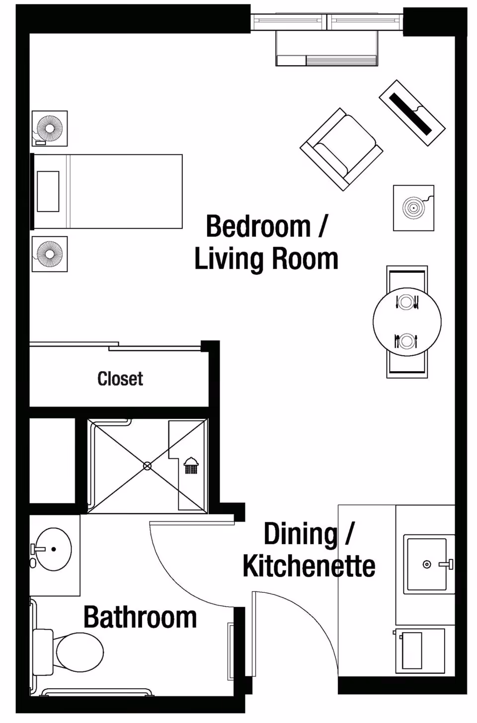 Floor plan of a studio apartment at White Oaks at Huntley showing a combined bedroom and living room area with a bed, armchair, TV, and dining table. There is a closet, a bathroom with a toilet, sink, and shower, and a dining/kitchenette area with a sink and counter space.