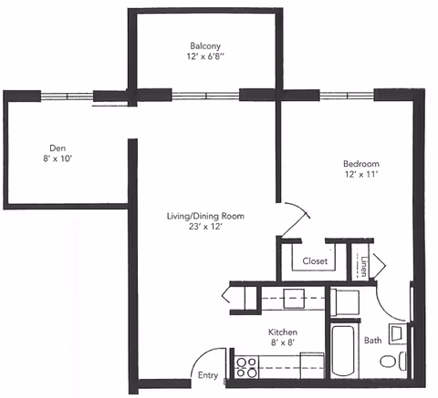Floor plan of a senior living apartment unit at Riverton Enhanced Senior Living, showing a den, balcony, living/dining room, bedroom, kitchen, bathroom, closet, linen closet, and entry area with dimensions.