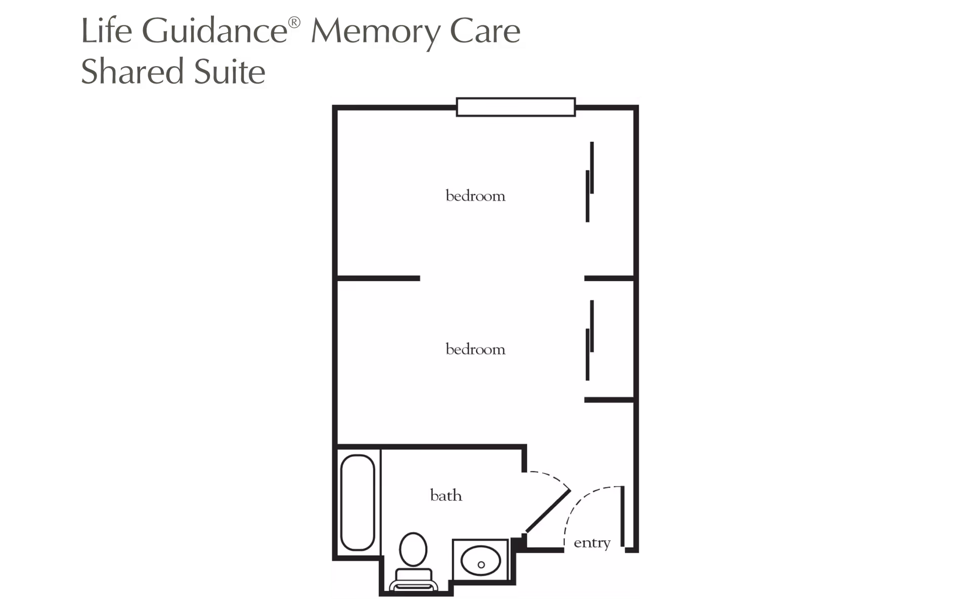 Floor plan layout of a Life Guidance Memory Care Shared Suite at Atria Sunnyvale, showing two bedrooms, a bathroom with a bathtub, toilet, and sink, and an entry area.