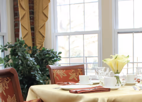 A dining table set with plates, cups, folded napkins and a vase of yellow flowers beside chairs in front of large windows.