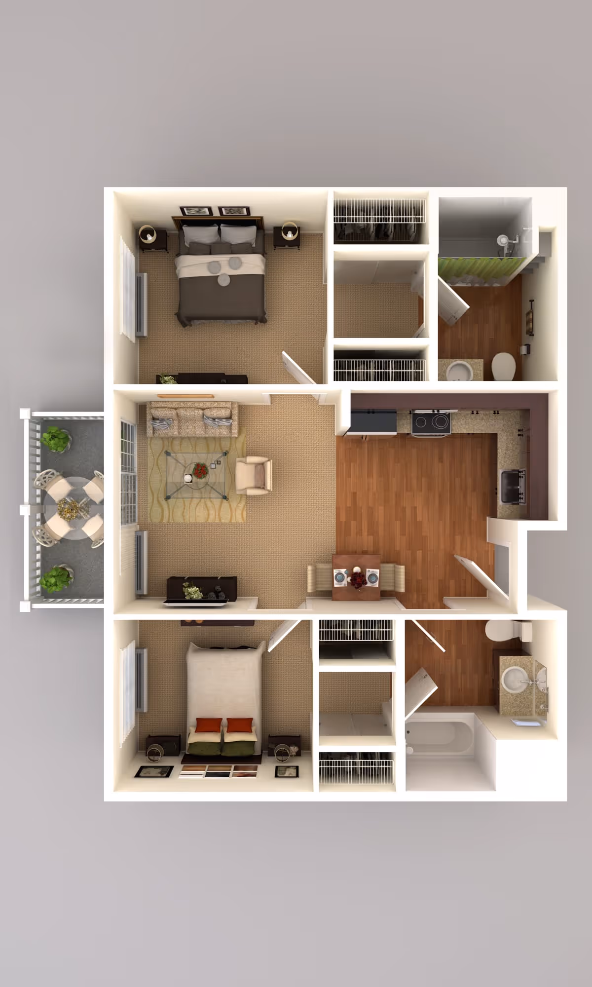 3D floor plan of a senior living apartment at Palos Verdes Senior Living showing two bedrooms, a living room with sofa and chair, a kitchen with dining table, two bathrooms, closets, and a balcony with outdoor seating.