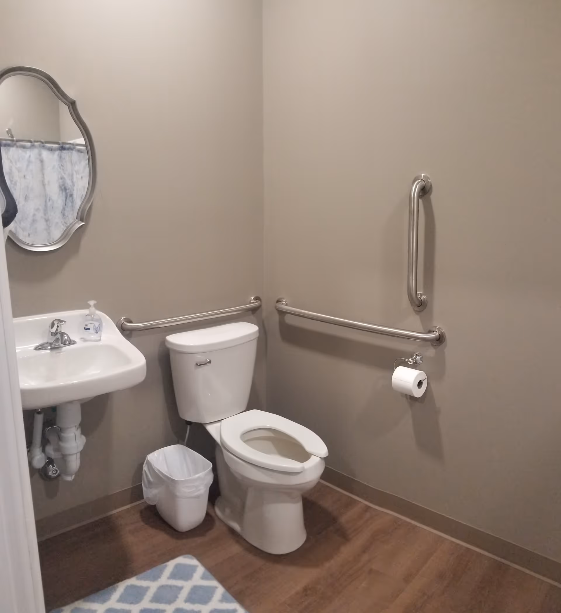 A small bathroom with beige walls and wood-look flooring. It features a white toilet with safety grab bars on the walls around it, a white sink with a silver faucet, a soap dispenser, a small trash can underneath, and a decorative mirror above the sink. A blue and white patterned rug is on the floor.