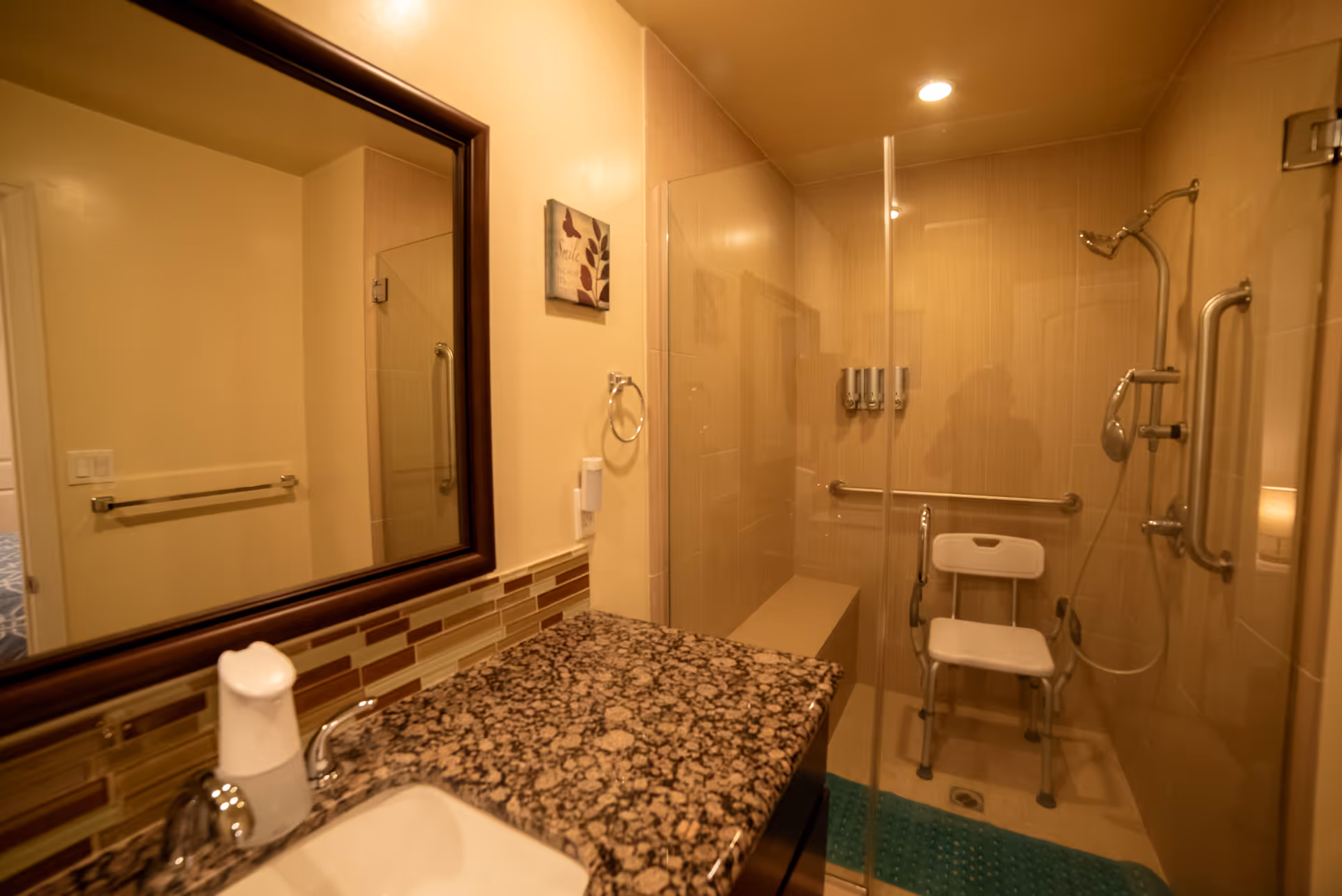 Accessible bathroom with a granite vanity and mirror, and a walk-in glass shower equipped with a shower chair and grab bars.