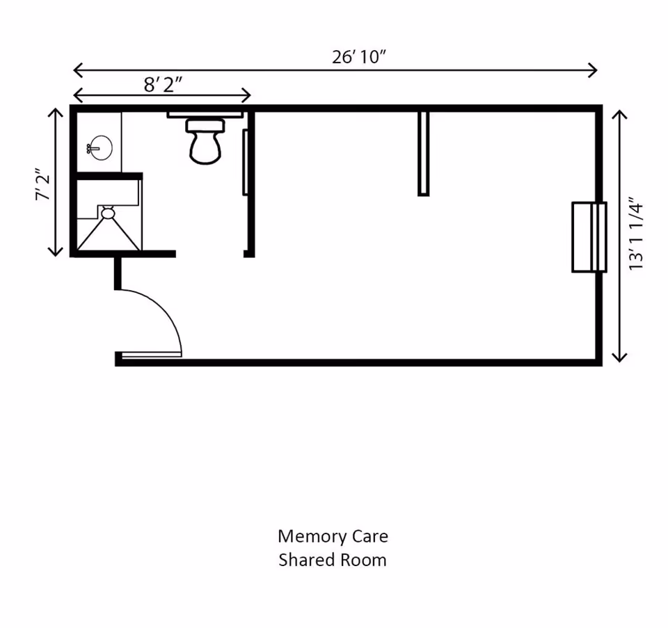 Architectural floor plan of a Memory Care Shared Room at Cedarhurst of Oakwood, showing dimensions and layout including a bathroom with a sink, toilet, and shower.