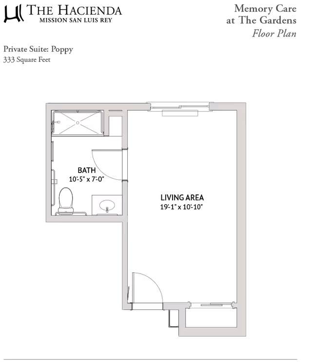 Floor plan of a private suite named Poppy at Memory Care at The Gardens, showing a living area measuring 19 feet 1 inch by 10 feet 10 inches, and a bathroom measuring 10 feet 5 inches by 7 feet. The total area is 333 square feet.
