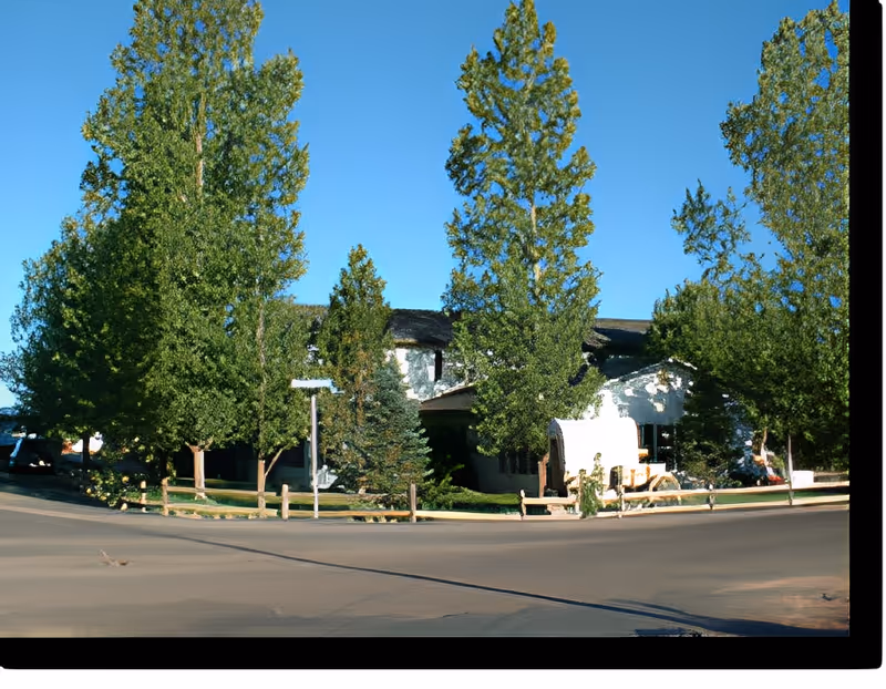 Exterior view of a senior living facility partially obscured by tall green trees under a clear blue sky. The building has a white facade and a dark roof, with a wooden fence along the sidewalk in front.