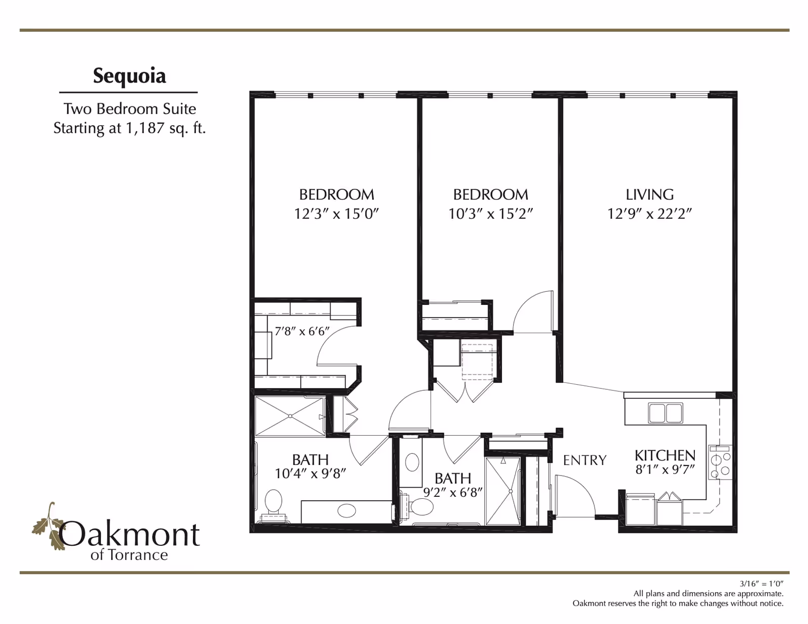 Floor plan of Sequoia two bedroom suite at Oakmont of Torrance, showing two bedrooms, two bathrooms, a living room, kitchen, and entry area with dimensions.