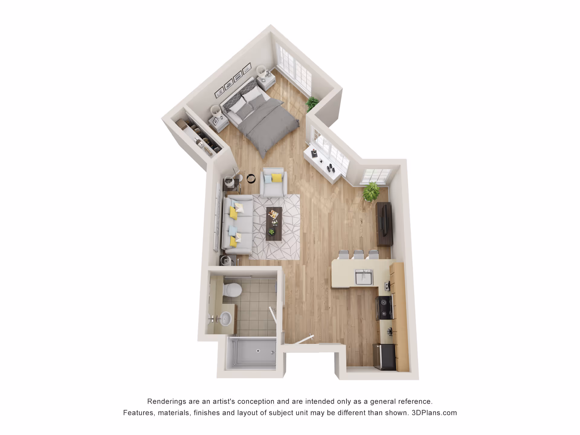 Top-down 3D floor plan of a one-bedroom apartment with an open living area, kitchen island, bedroom, and bathroom.