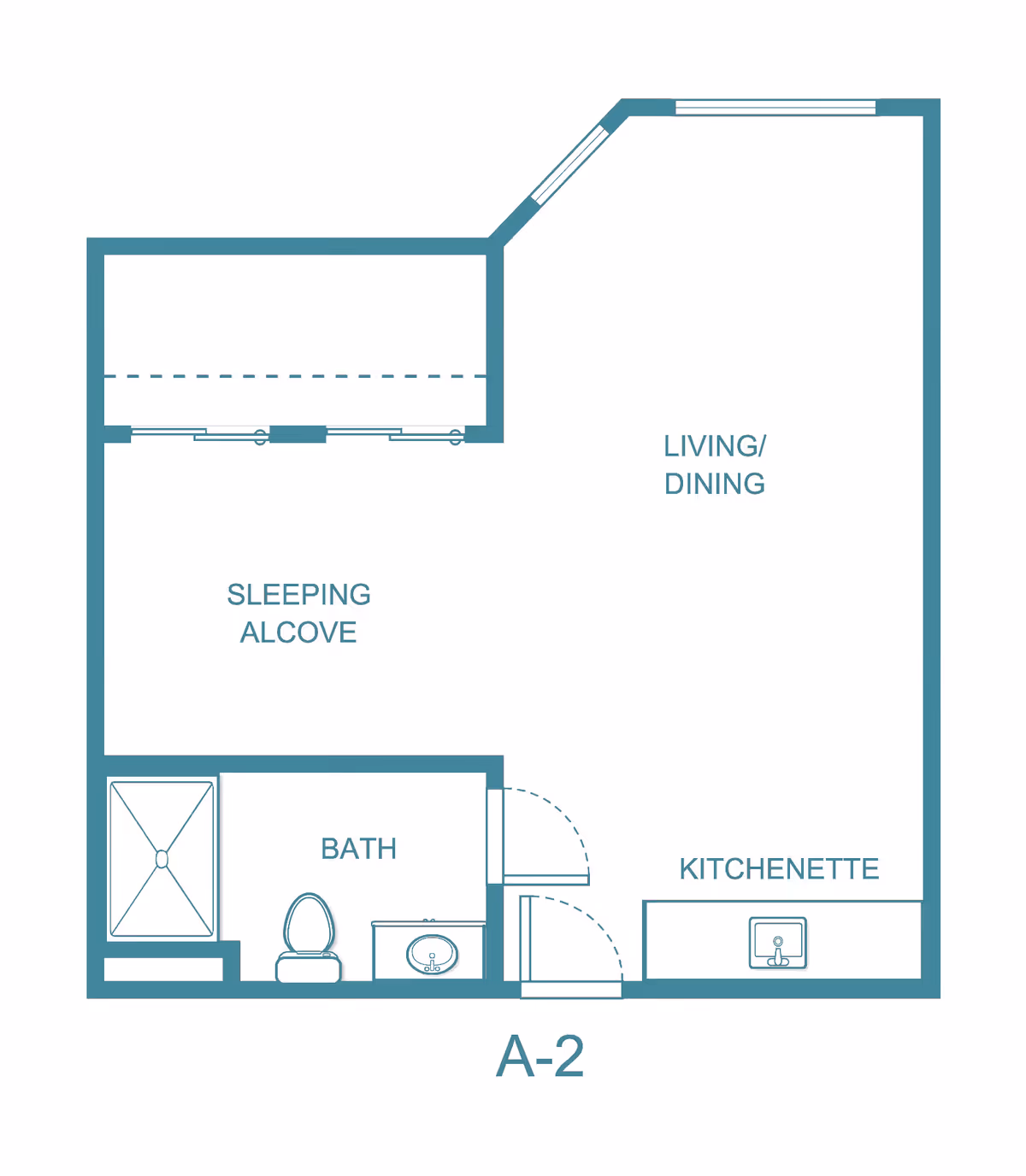 Architectural floor plan labeled A-2 showing a studio layout with a sleeping alcove, living/dining area, kitchenette, and a bathroom with a shower, toilet, and sink.