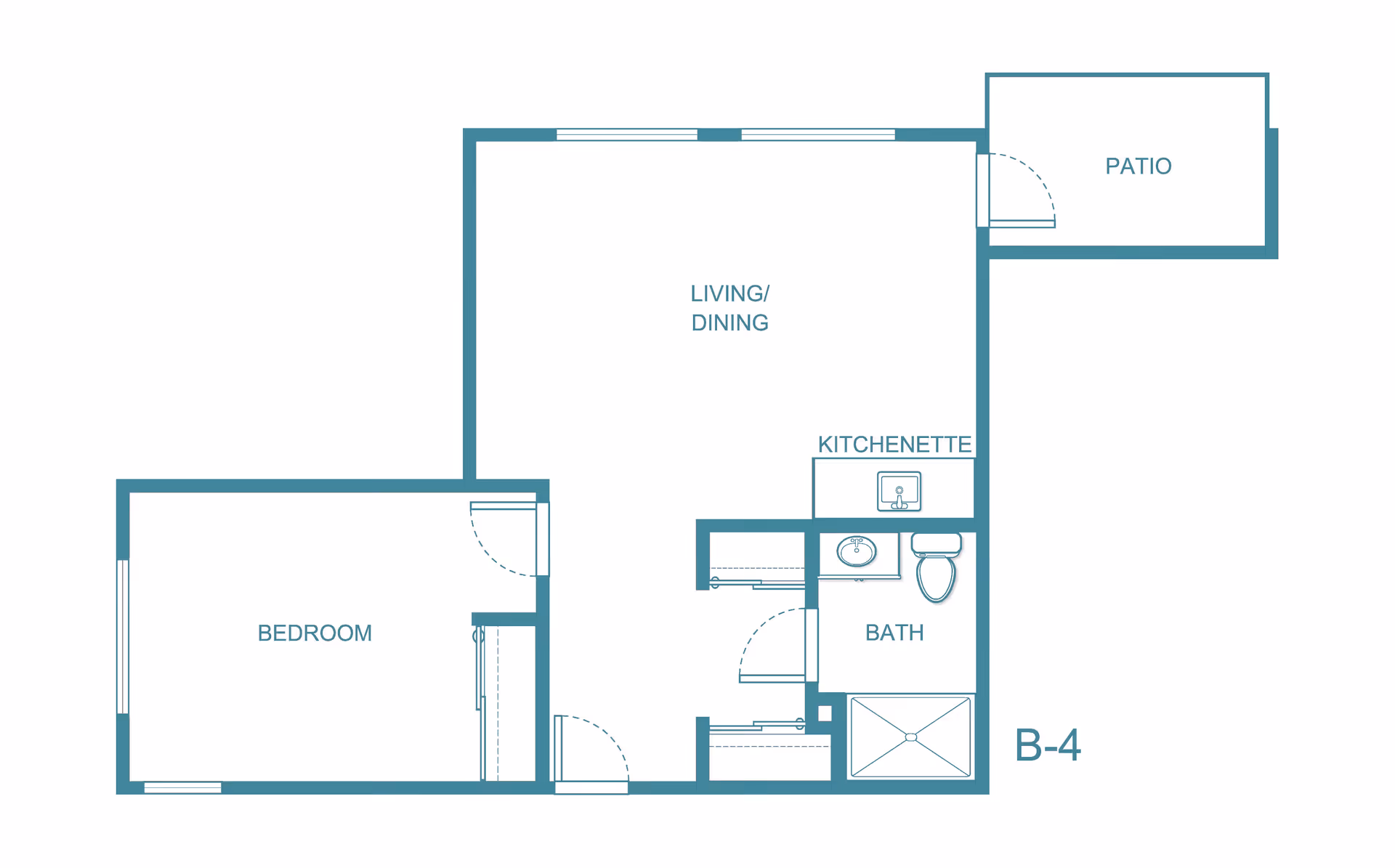 Floor plan of a one-bedroom apartment with labeled areas including bedroom, living/dining room, kitchenette, bath, and a patio.