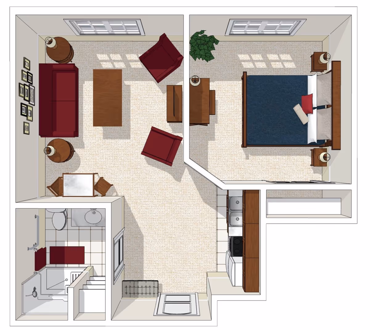 Top-down floor plan rendering of a one-bedroom apartment showing a living room with seating, a bedroom, a kitchenette, and a bathroom with fixtures.