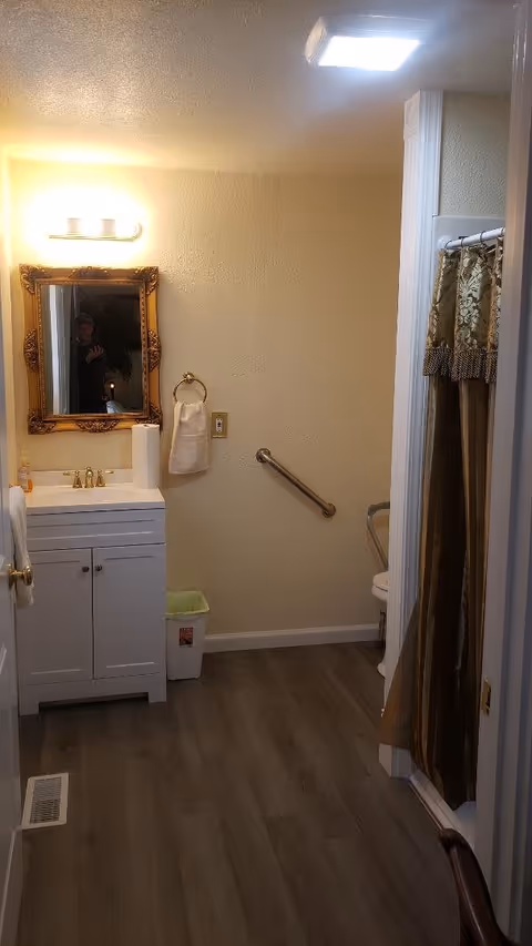 A bathroom with a white vanity and sink, a gold-framed mirror above the sink, a towel ring with a white towel, a grab bar on the wall, a trash bin, and a shower with a decorative curtain.