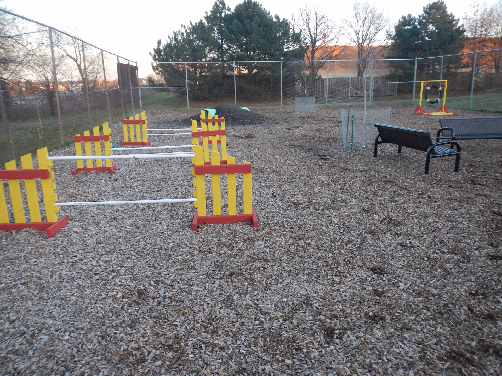 Fenced outdoor area covered in wood chips with yellow-and-red jump obstacles and benches.