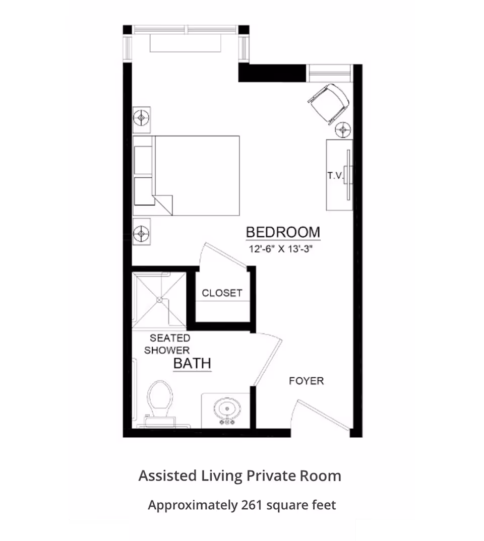 Floor plan of an assisted living private room at Our Lady of Hope Health Center, showing a bedroom with a bed, two nightstands, a chair, and a TV. The room measures 12 feet 6 inches by 13 feet 3 inches. There is a closet and a bathroom with a seated shower, toilet, and sink. The entrance leads into a foyer area. The total area is approximately 261 square feet.