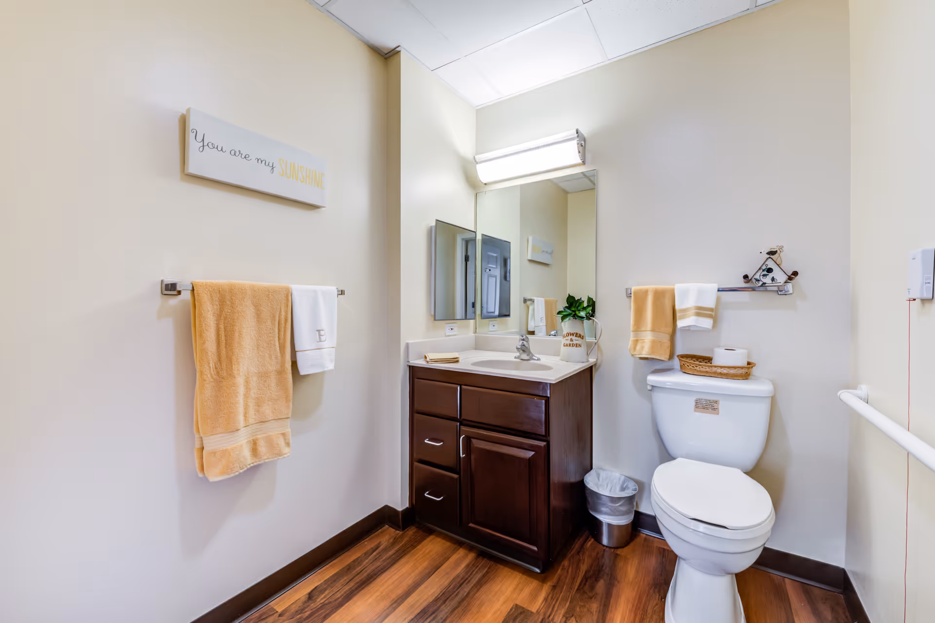 A clean and well-lit bathroom with a wooden floor, a white toilet with a basket holding a roll of toilet paper on top, a dark wood vanity with a white sink, a mirror above the sink, and two towel racks holding orange and white towels. A small plant in a decorative container is placed on the vanity. A wall decoration above the towel rack reads 'You are my SUNSHINE'.