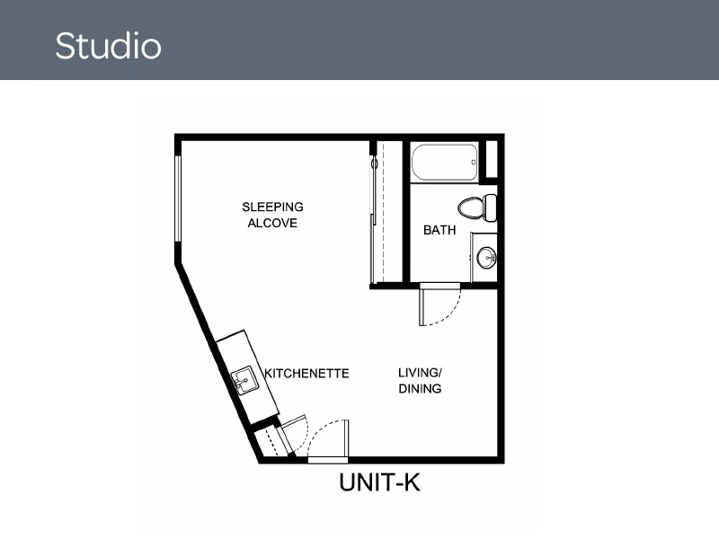 Floor plan of a studio unit labeled UNIT-K at The Chateau de Boise. The layout includes a sleeping alcove, a kitchenette, a combined living and dining area, and a bathroom with a bathtub, toilet, and sink.