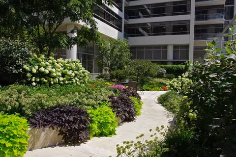 A landscaped outdoor garden area with a paved walkway surrounded by lush green plants, bushes, and flowers. The garden is adjacent to a multi-story building with large windows and balconies.