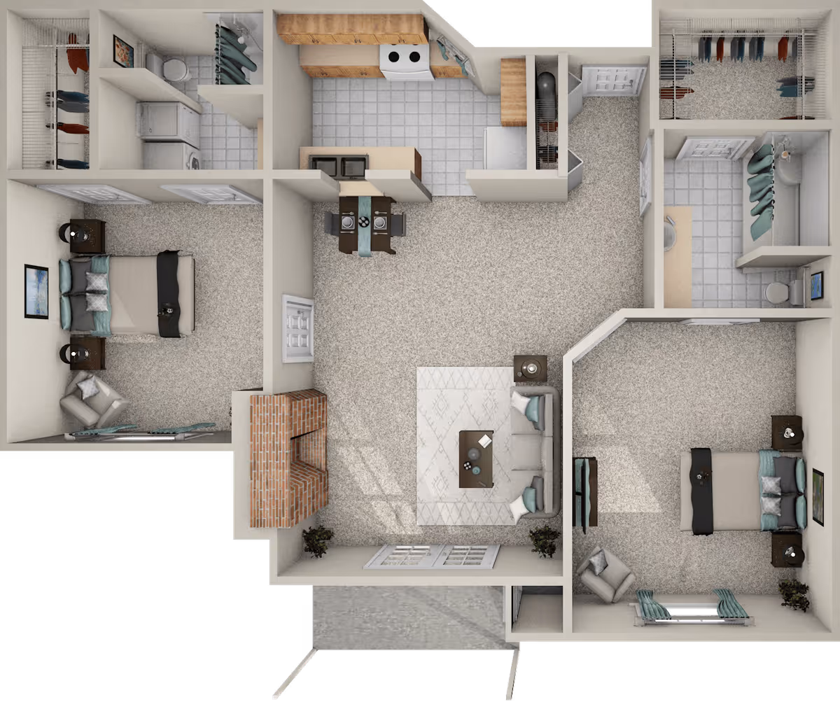 Top-down view of a two-bedroom apartment floor plan featuring a living room with a fireplace, a kitchen with dining area, two bedrooms each with a bed and seating area, two bathrooms, and multiple closets.