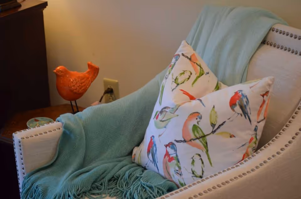 Upholstered armchair draped with a teal throw and a bird-patterned pillow next to a side table with an orange bird figurine.