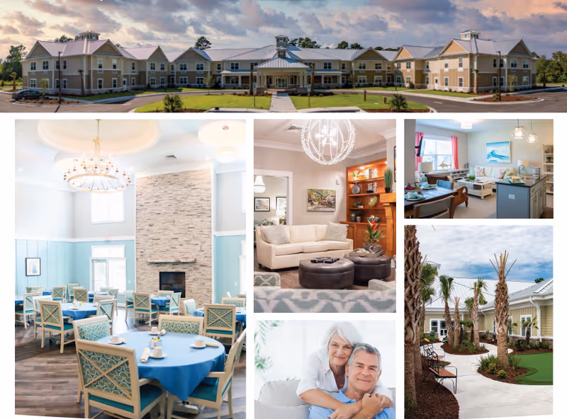 Collage of Arbor Landing at Compass Pointe showing the building exterior, dining and living areas, outdoor courtyard, and a smiling senior couple.