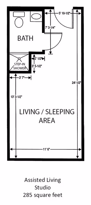 Floor plan of an assisted living studio apartment at The Woodlands of Columbus, showing a living/sleeping area measuring 24 feet 1/2 inch by 11 feet 6 inches, a bathroom with a toilet, sink, and step-in shower, and dimensions for various sections of the layout. The total area is 285 square feet.