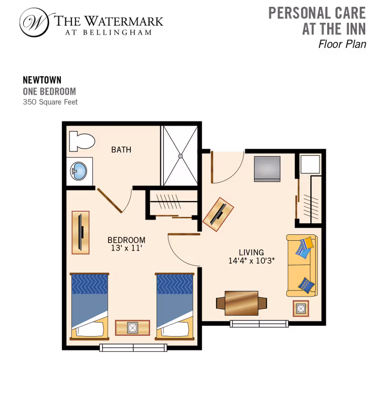 Floor plan of a one-bedroom personal care unit at The Inn, showing a 350 square feet layout with a bedroom measuring 13 by 11 feet containing two beds, a bathroom with a toilet, sink, and shower, and a living room measuring 14 feet 4 inches by 10 feet 3 inches with a sofa, coffee table, TV, and a small dining table.