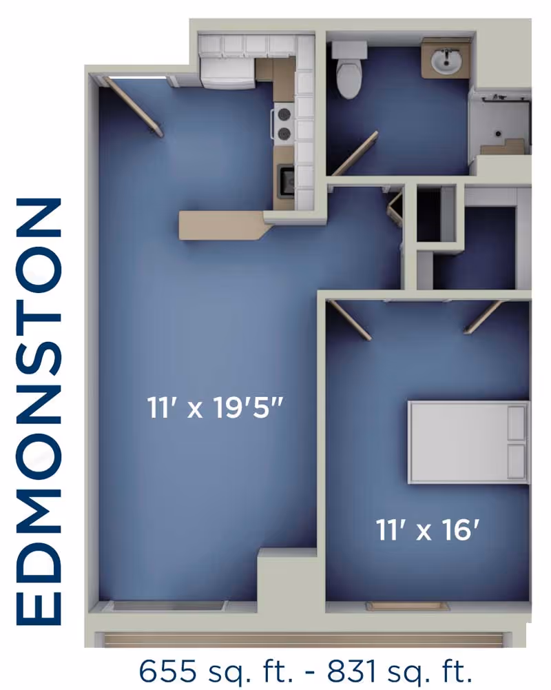 Floor plan of an apartment named Edmonston showing a living area measuring 11 feet by 19 feet 5 inches, a bedroom measuring 11 feet by 16 feet, a kitchen, and a bathroom. The total area ranges from 655 to 831 square feet.