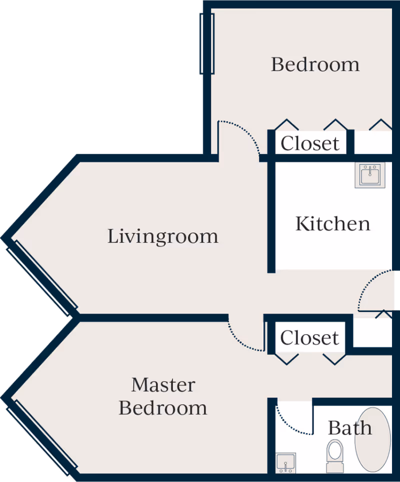 Floor plan diagram showing a living room, master bedroom, additional bedroom, kitchen, two closets, and a bathroom.