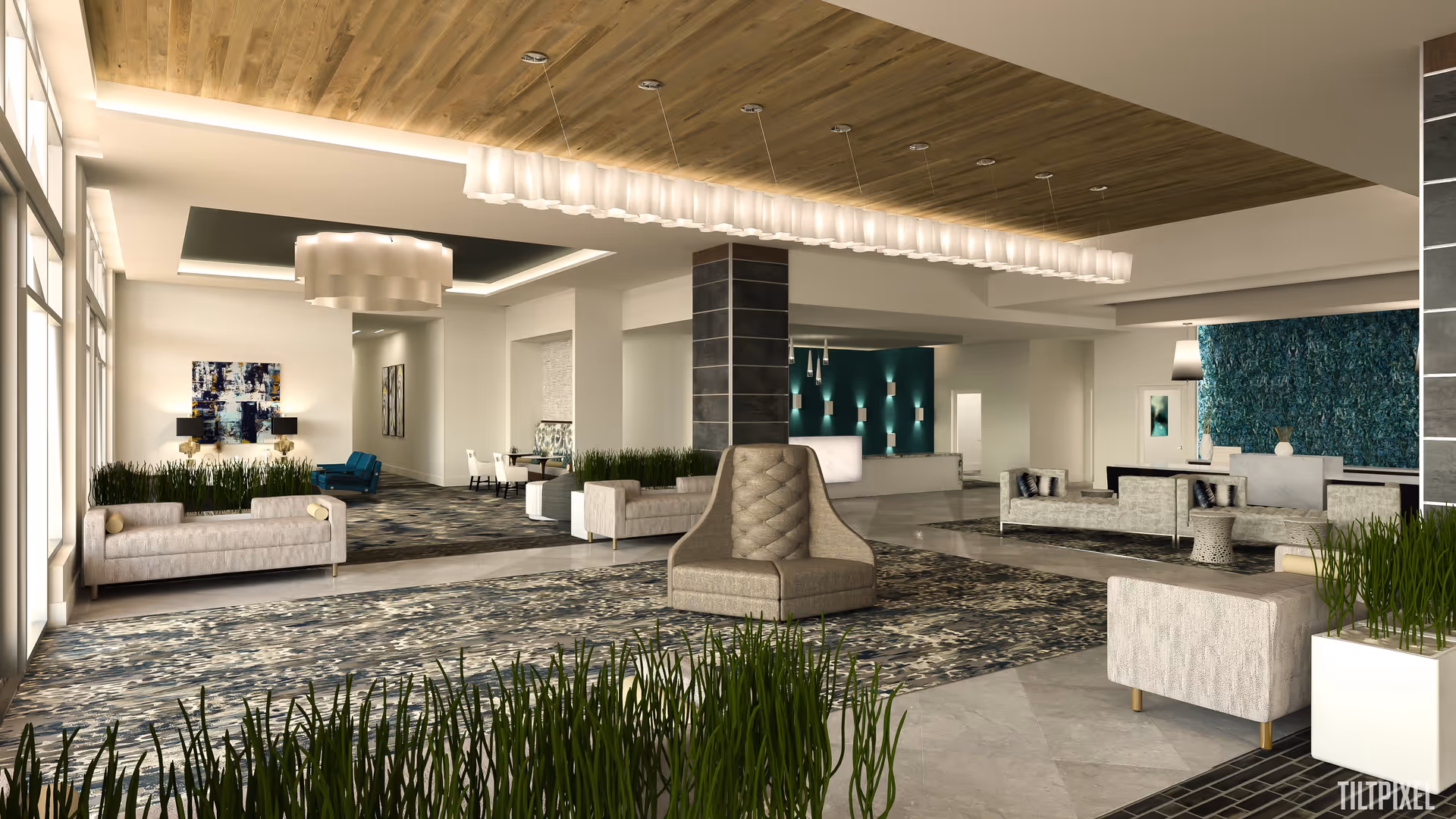 A spacious and modern senior living facility common area with multiple seating arrangements including sofas and armchairs. The room features a mix of neutral tones and teal accents, with decorative plants, contemporary light fixtures, and artwork on the walls. The ceiling has wooden paneling and recessed lighting, creating a warm and inviting atmosphere.