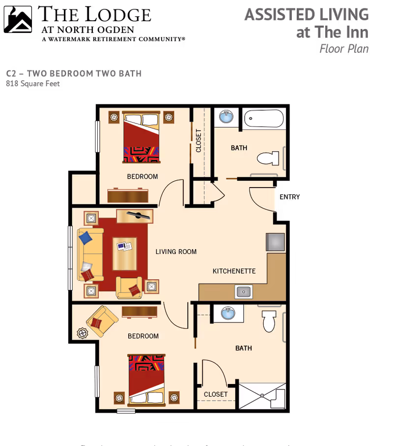 Colored floor plan diagram of a two-bedroom, two-bath assisted living apartment with living room and kitchenette.