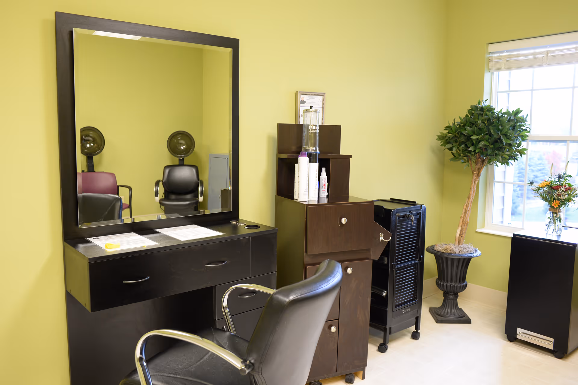 A salon styling station with a large mirror, black styling chair, cabinets and supplies, reflected hair-dryer chairs, and a potted plant by a window.