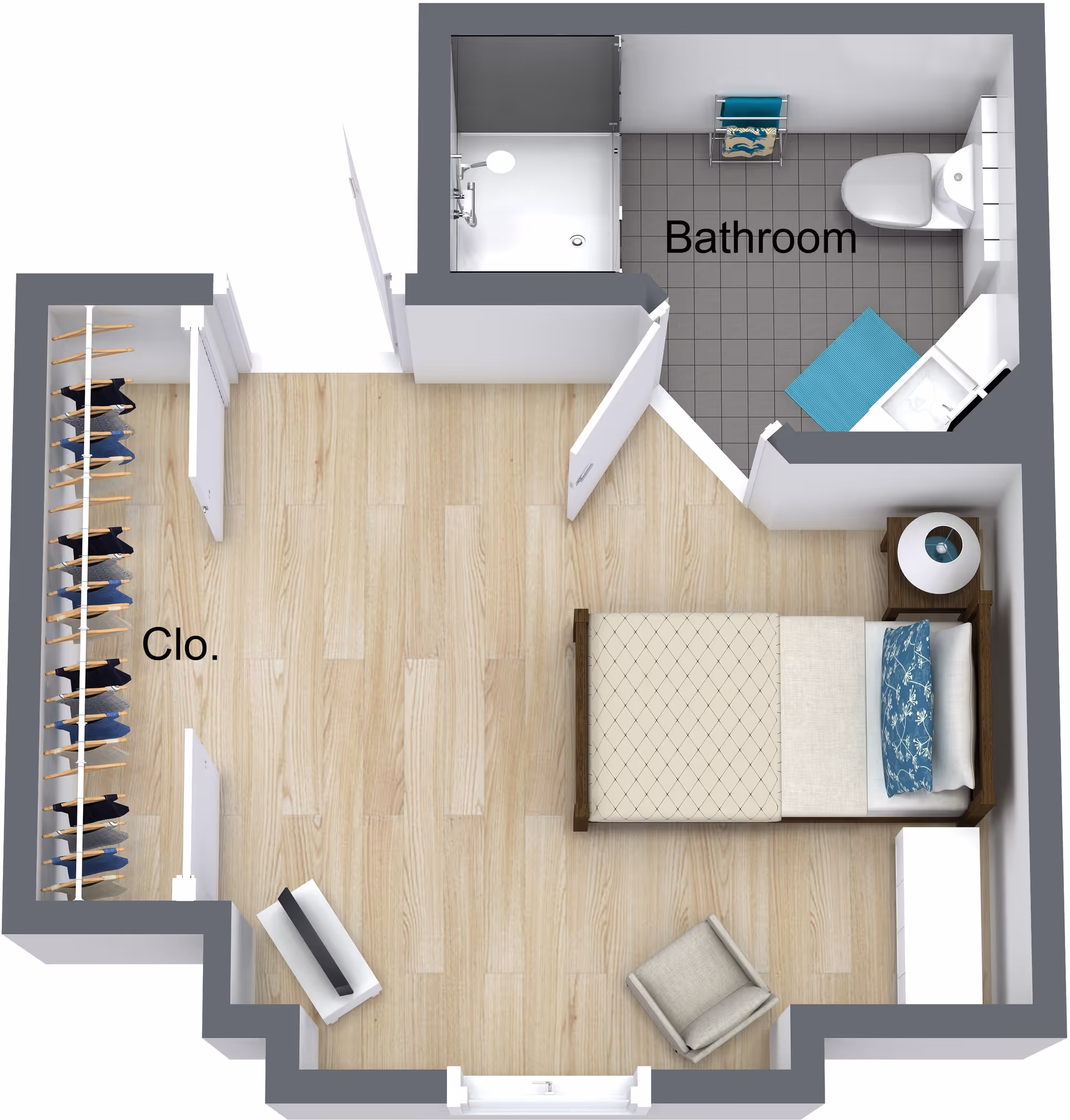 3D floor plan of a small living space with a bedroom area containing a single bed, nightstand with a lamp, armchair, and dresser. There is a closet with clothes hanging and an adjacent bathroom with a shower, toilet, sink, and a blue bath mat.