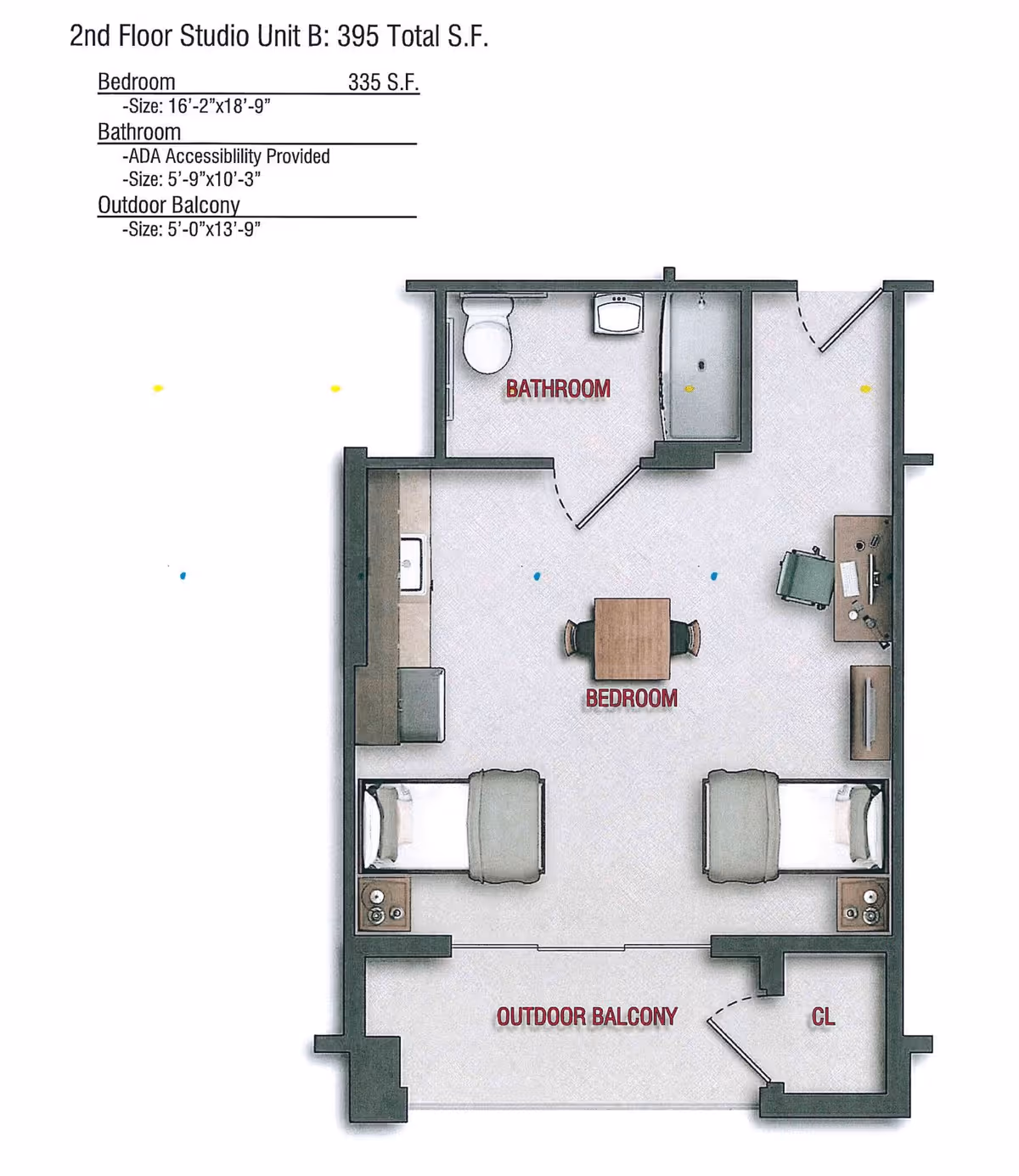 Floor plan of a 2nd floor studio unit B at Saucon Valley Manor showing a bedroom area with two beds, a small table with two chairs, a desk with a chair, a bathroom with a toilet, sink, and shower, and an outdoor balcony. The closet is labeled CL.