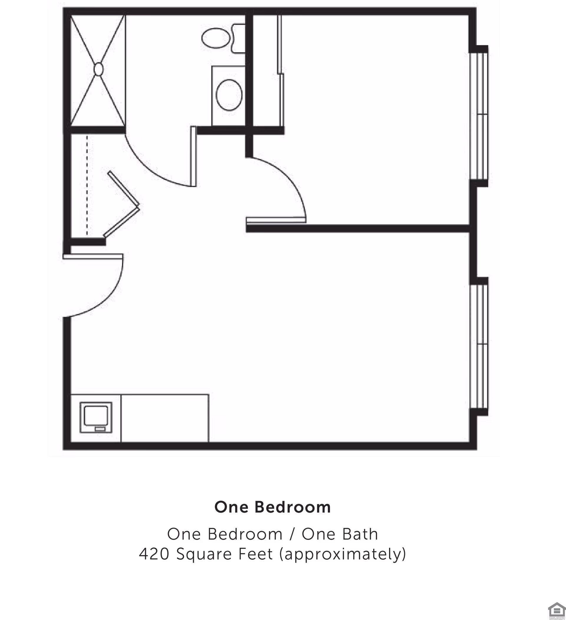 Black-and-white floor plan showing a one-bedroom, one-bath apartment layout.