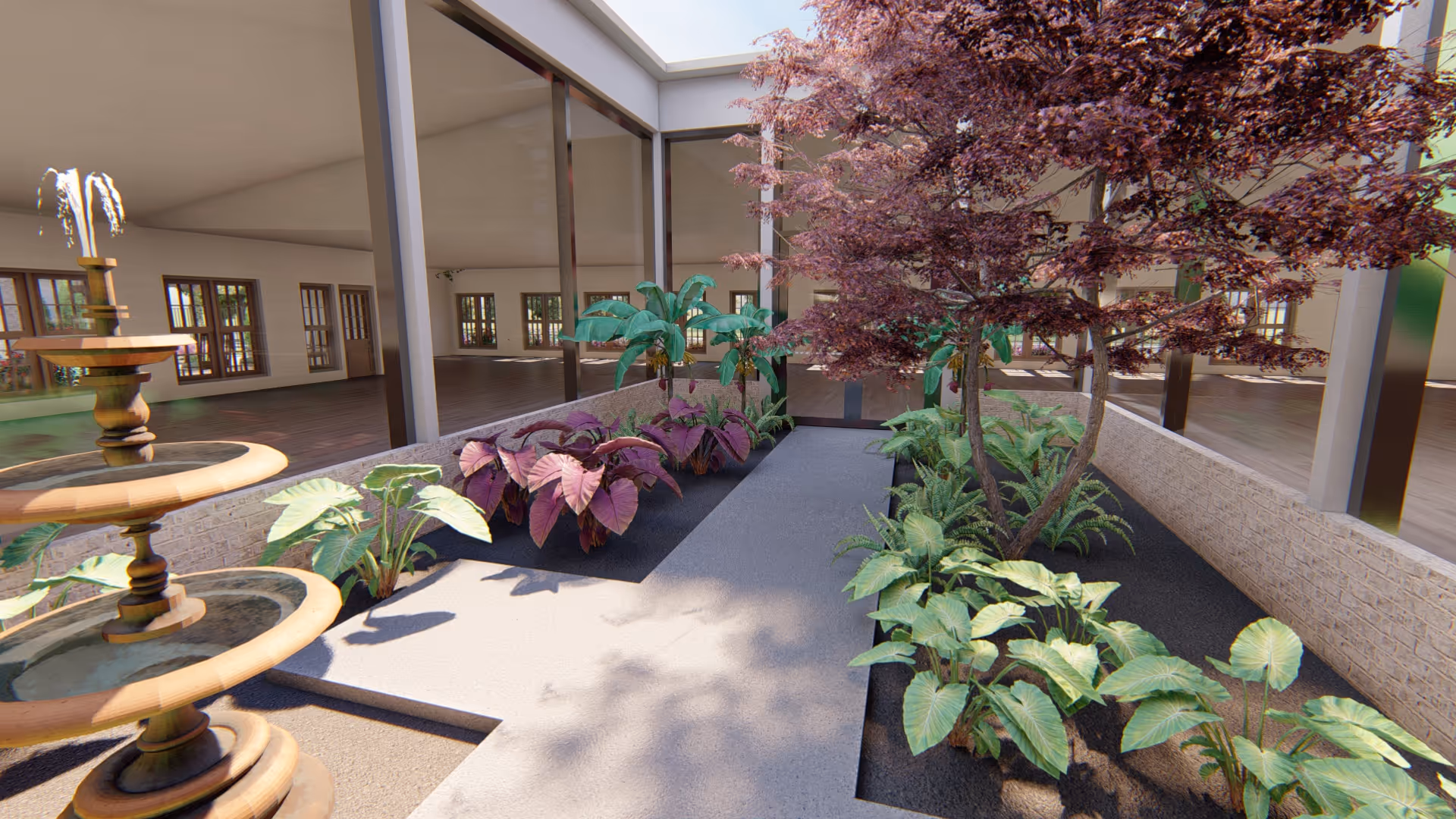 Indoor garden area with various green and purple plants along a pathway, a three-tiered water fountain on the left, and large windows reflecting the interior space of the building.