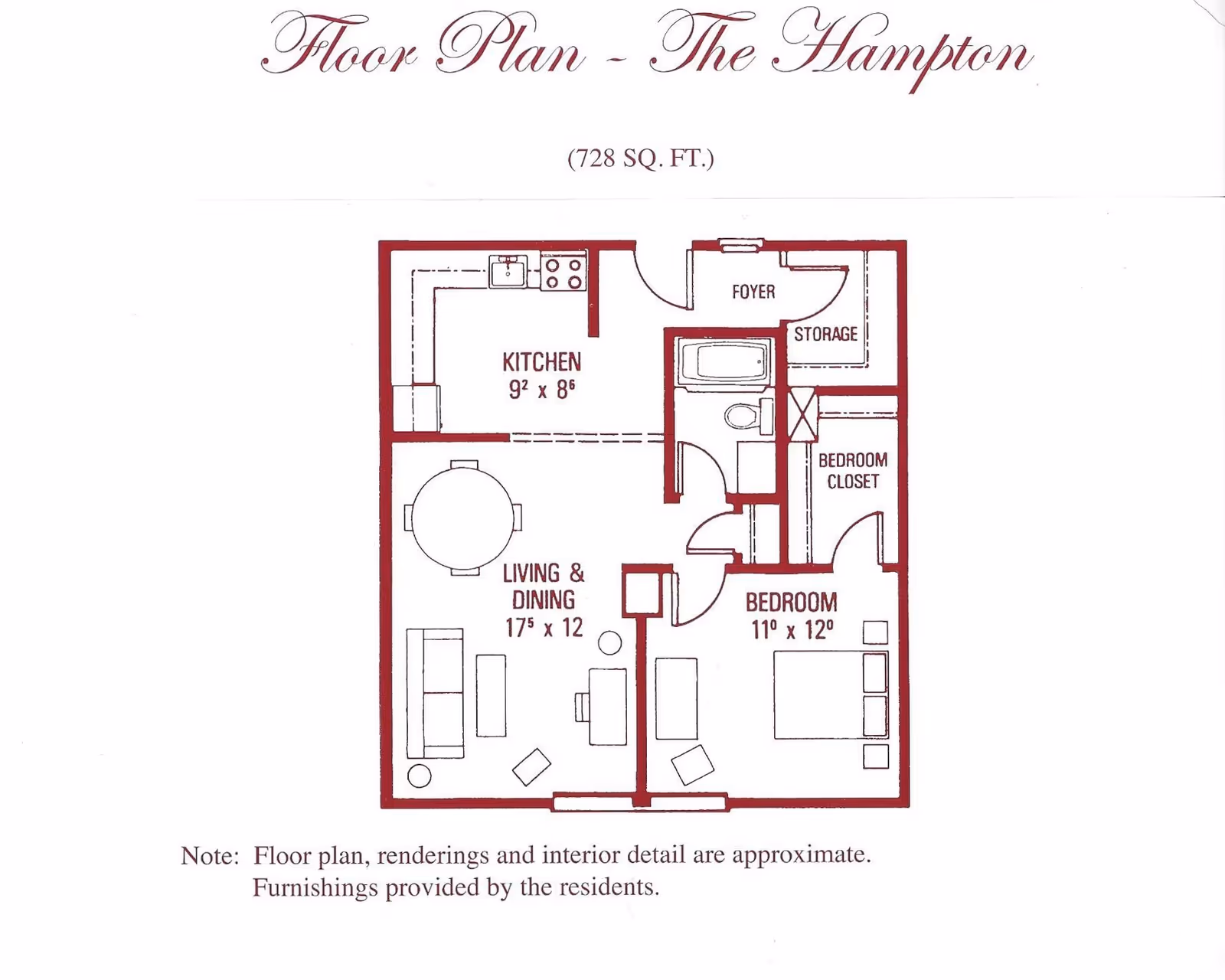 Floor plan titled 'The Hampton' showing a 728 square feet layout with a kitchen, living and dining area, bedroom with closet, bathroom, foyer, and storage space.
