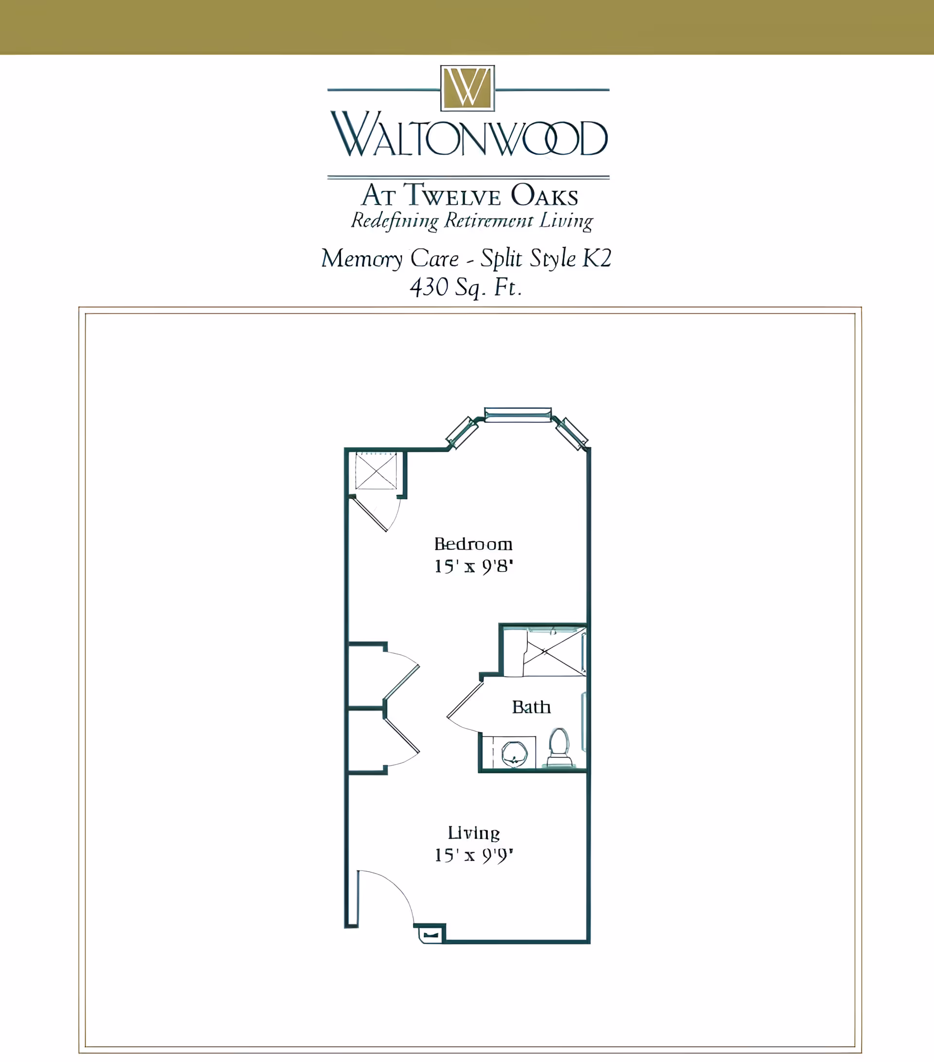 Floor plan for Waltonwood At Twelve Oaks Memory Care (Split Style K2, 430 sq. ft.) showing a living room, bedroom and bathroom layout.