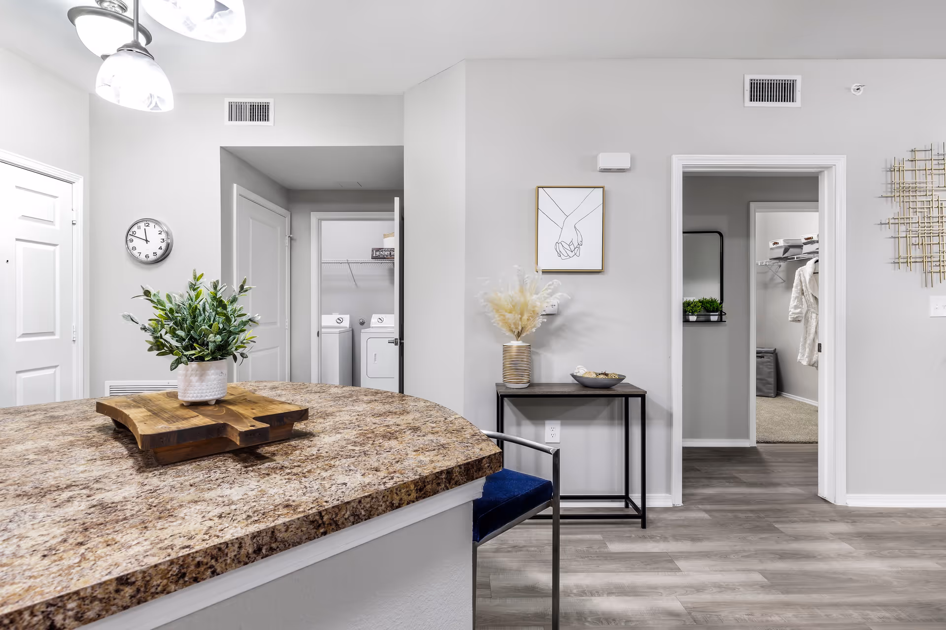 Interior view of a modern apartment with a granite countertop in the foreground featuring a small plant on a wooden tray. In the background, there is a laundry area with a washer and dryer visible through an open door. To the right, there is a small table with decorative items and a framed line drawing of two hands holding. Another open doorway reveals a walk-in closet with hanging clothes and a mirror. The walls are painted light gray and the floor has wood-style vinyl planks.