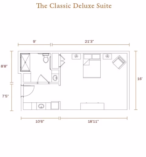 Floor plan layout titled The Classic Deluxe Suite showing a rectangular room with a bed, two nightstands, a chair, a bathroom with shower, toilet, and sink, and a kitchenette area with a sink and counter space.
