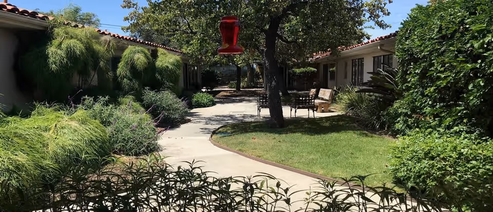 Outdoor courtyard area at Villa Alamar with a paved walkway winding through green grass, bushes, and trees. There are benches and chairs placed along the path, and a red hummingbird feeder hanging from a tree. The buildings with tiled roofs and windows flank the courtyard on both sides under a clear blue sky.