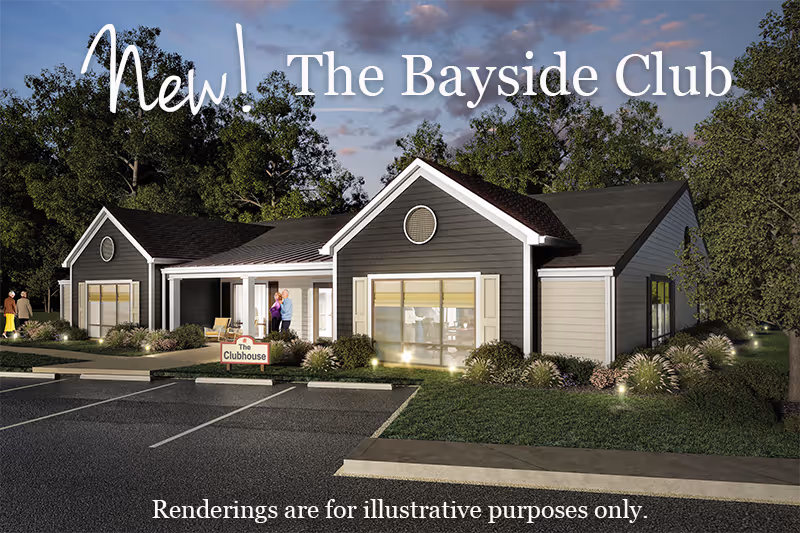 Rendering of a single-story clubhouse building named The Bayside Club, surrounded by trees and landscaping, with a parking lot in front and a few people near the entrance under a partly cloudy sky at dusk.