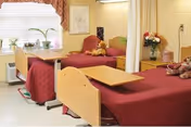 A nursing home room with two hospital-style beds, each covered with a red blanket. There are teddy bears placed on each bed. A window with blinds and a valance is visible on the left side, along with a small table and some potted plants. A curtain divider separates the two beds, and there is a vase with flowers on a small table near the second bed.