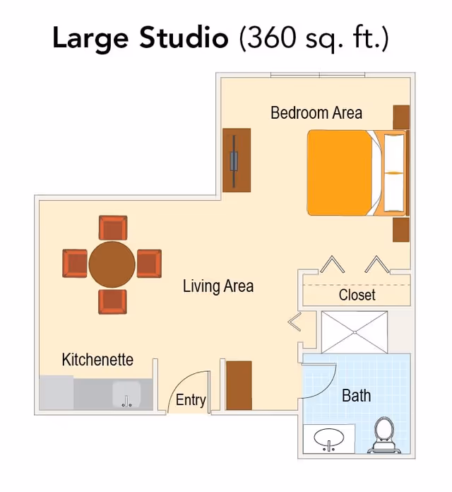Floor plan of a large studio apartment measuring 360 square feet, showing a bedroom area with a bed and nightstands, a living area with a round table and four chairs, a kitchenette with a sink, an entry door, a closet, and a bathroom with a sink and toilet.
