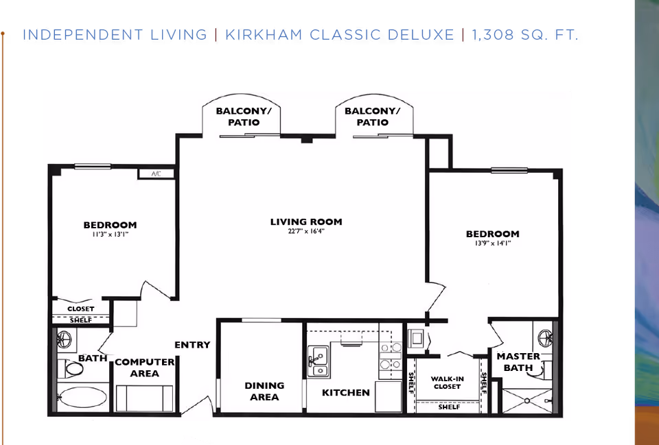 Black-and-white floor plan of a 1,308 sq ft independent living apartment showing two bedrooms, a large living room with balcony/patio, kitchen, dining area, bathrooms, closets and an entry.
