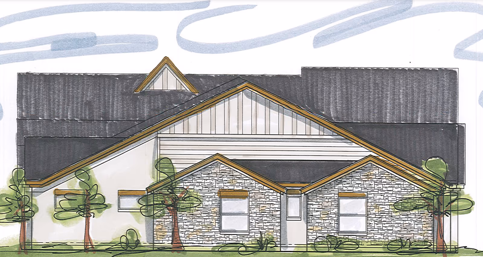 Architectural drawing of a single-story building with a dark gray roof, white siding, and stone facade on the front. The building has multiple gables and several windows. There are small trees and shrubs in front of the building.