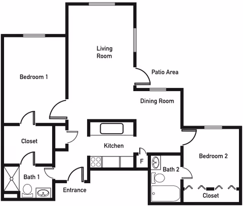 Floor plan of a residential unit showing two bedrooms, two bathrooms, a kitchen, living room, dining room, patio area, closets, and an entrance.