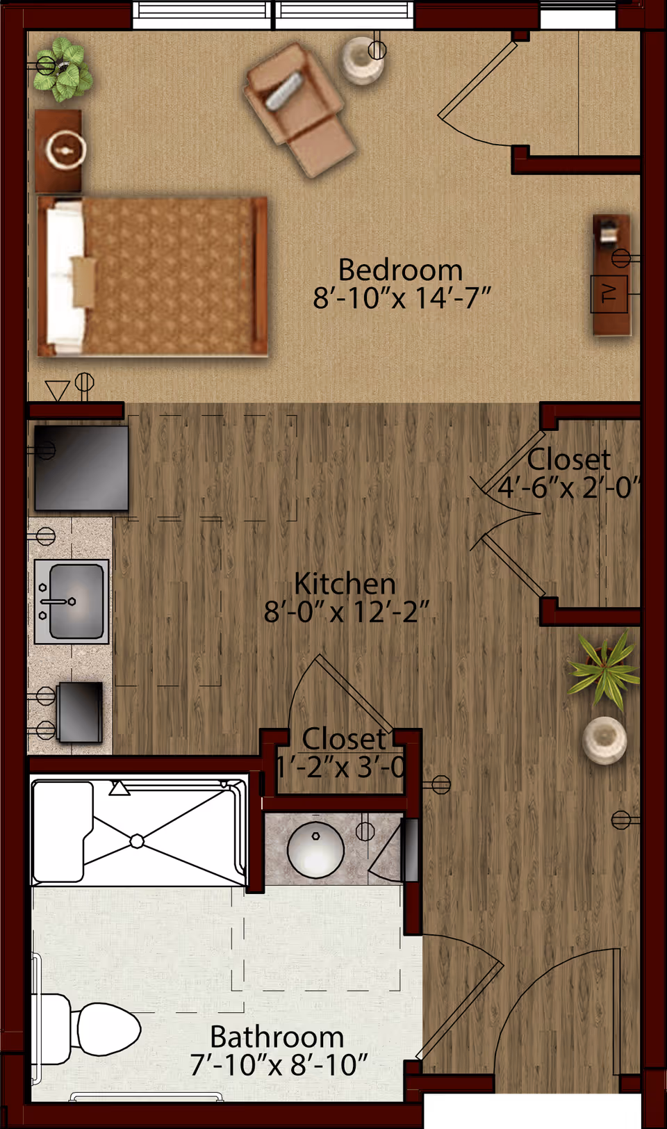 Top-down floor plan of a studio apartment showing a bedroom, kitchen, bathroom and closets with room dimensions.