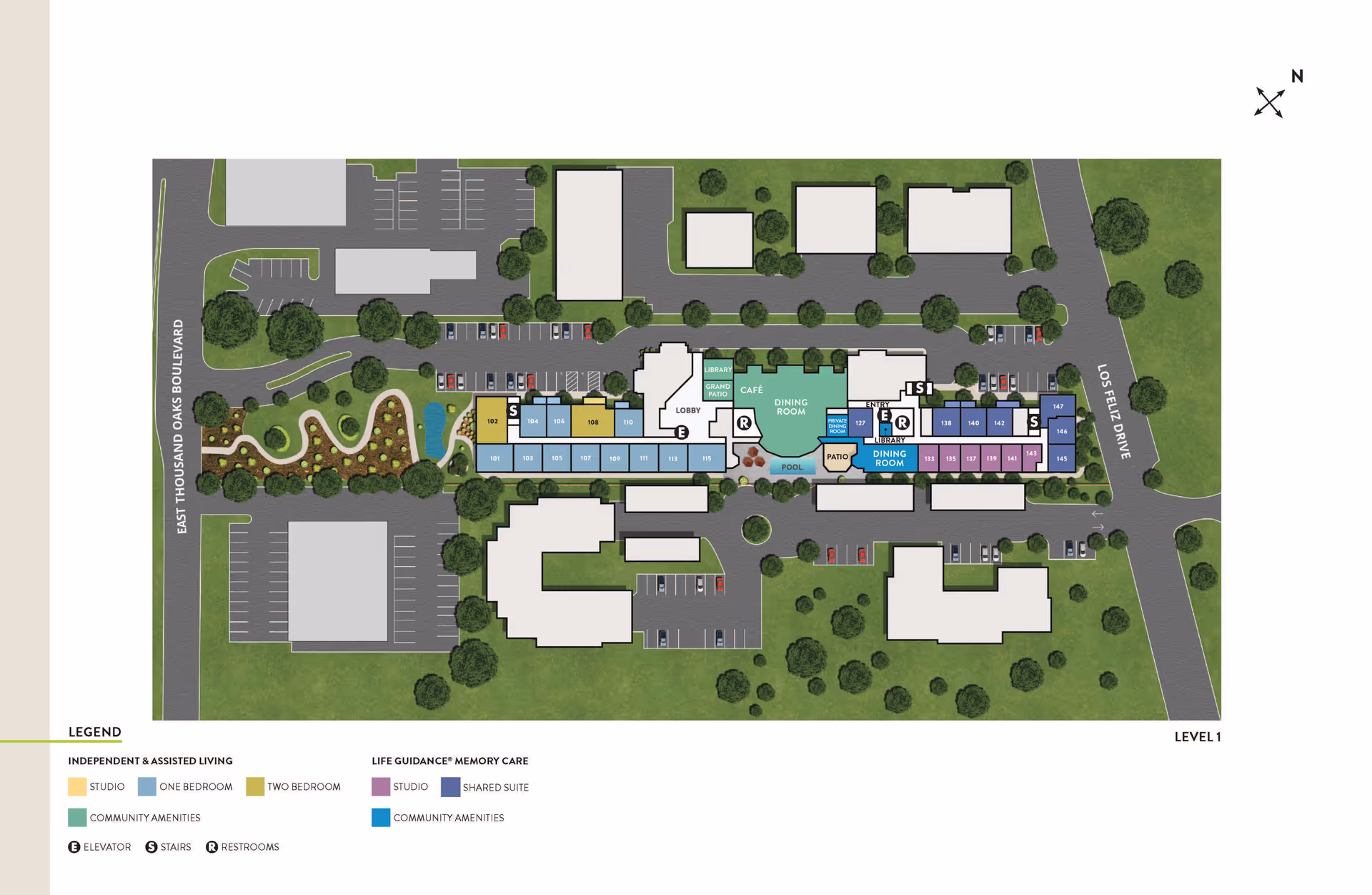 Architectural floor plan of Atria Grand Oaks senior living facility showing layout of independent and assisted living areas, memory care sections, community amenities including cafe, dining rooms, library patio, pool, and parking areas. The map includes color-coded legend for studio, one-bedroom, two-bedroom, shared suite, and community amenities. Roads labeled East Thousand Oaks Boulevard and Lost Feliz Drive surround the property.