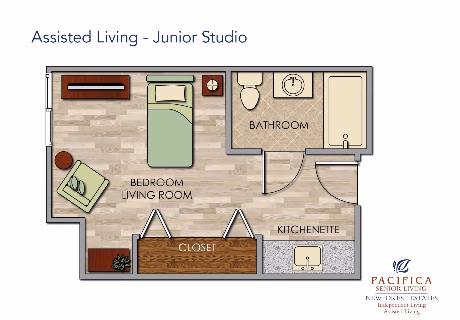 Floor plan of an assisted living junior studio apartment showing a combined bedroom and living room area with a bed, chair, side table, and dresser. There is a closet adjacent to the living area. The kitchenette includes a sink and counter space. The bathroom has a toilet, sink, and bathtub. The plan is labeled with room names and includes the Pacifica Senior Living New Forest Estates logo.